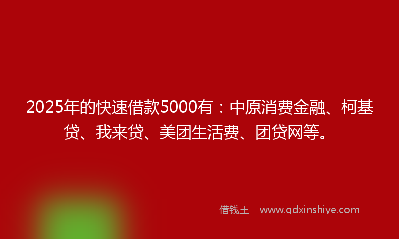 2025年的快速借款5000有：中原消费金融、柯基贷、我来贷、美团生活费、团贷网等。