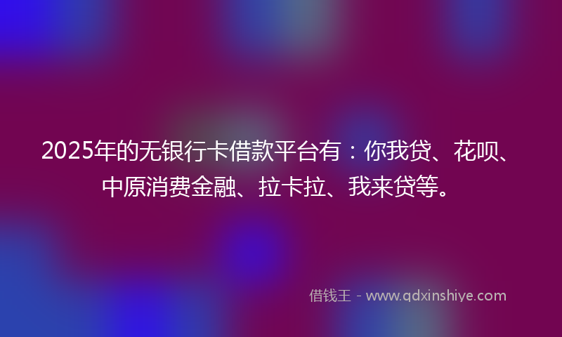 2025年的无银行卡借款平台有：你我贷、花呗、中原消费金融、拉卡拉、我来贷等。
