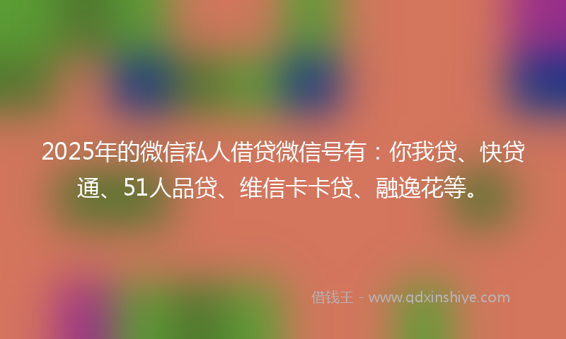 2025年的微信私人借贷微信号有：你我贷、快贷通、51人品贷、维信卡卡贷、融逸花等。