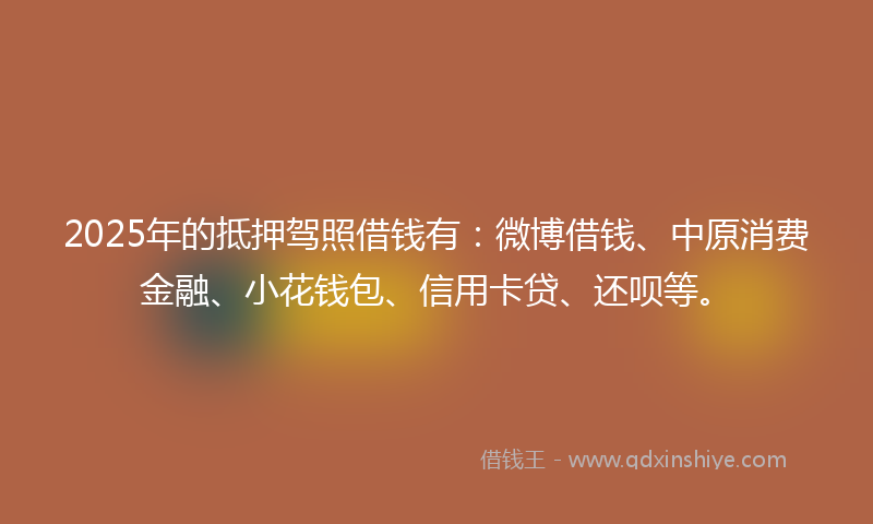 2025年的抵押驾照借钱有：微博借钱、中原消费金融、小花钱包、信用卡贷、还呗等。