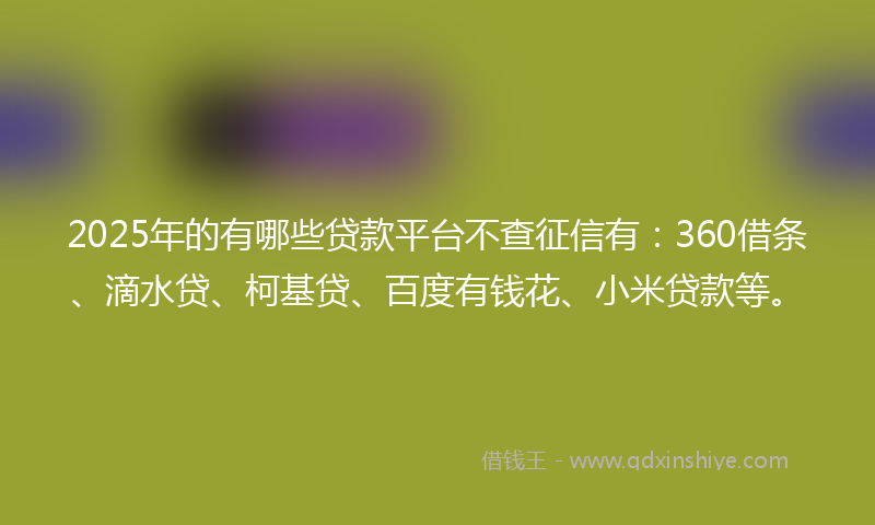 2025年的有哪些贷款平台不查征信有：360借条、滴水贷、柯基贷、百度有钱花、小米贷款等。