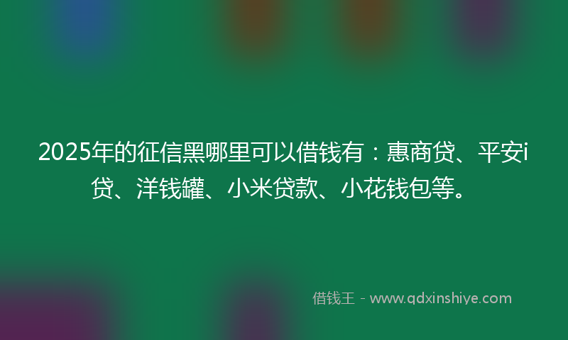 2025年的征信黑哪里可以借钱有：惠商贷、平安i贷、洋钱罐、小米贷款、小花钱包等。