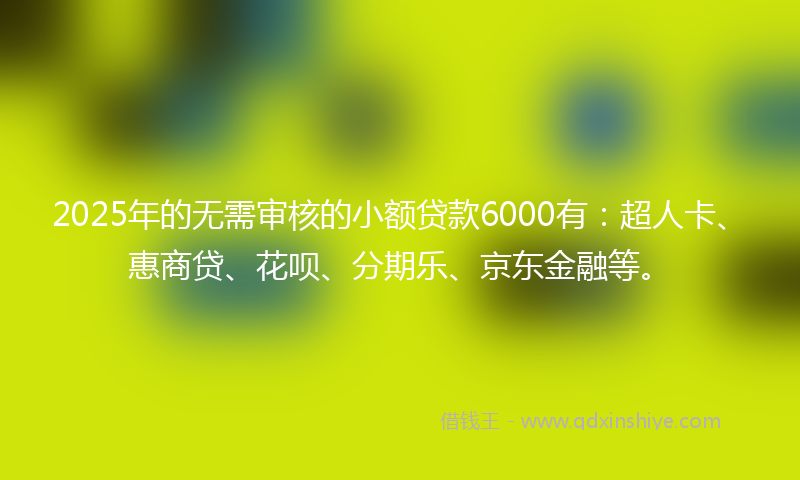 2025年的无需审核的小额贷款6000有：超人卡、惠商贷、花呗、分期乐、京东金融等。