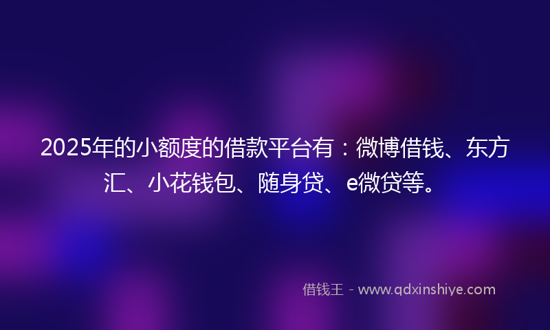 2025年的小额度的借款平台有：微博借钱、东方汇、小花钱包、随身贷、e微贷等。