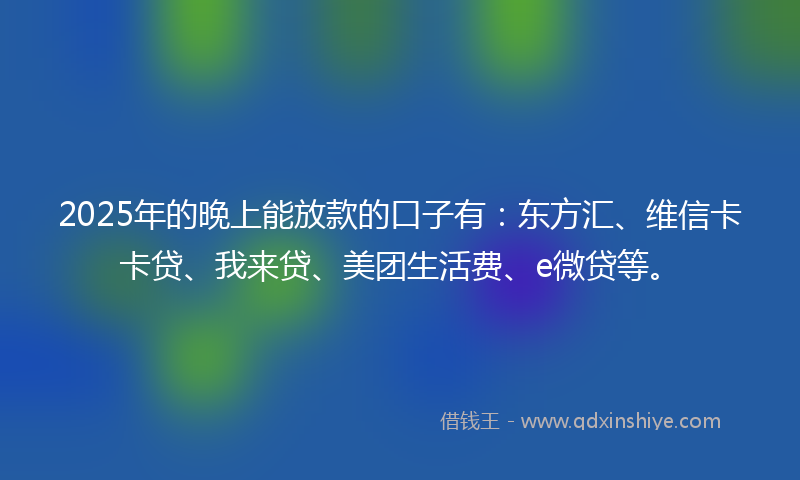 2025年的晚上能放款的口子有：东方汇、维信卡卡贷、我来贷、美团生活费、e微贷等。