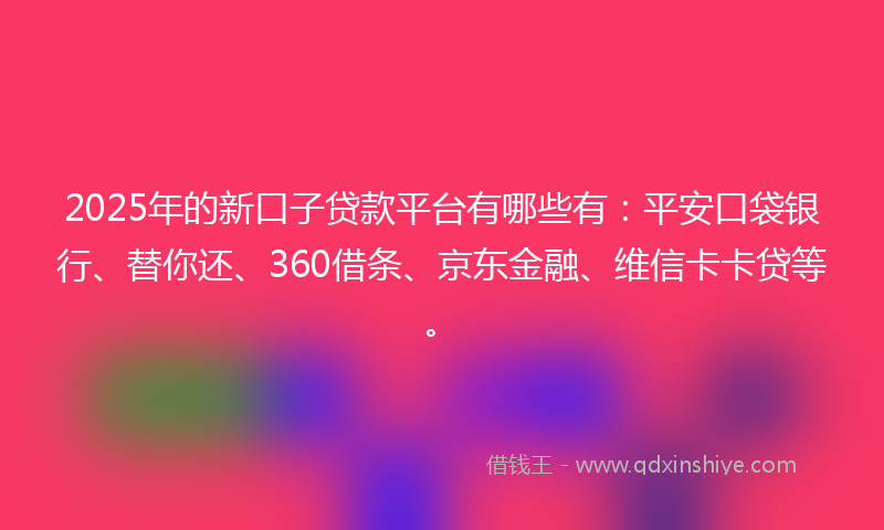 2025年的新口子贷款平台有哪些有：平安口袋银行、替你还、360借条、京东金融、维信卡卡贷等。