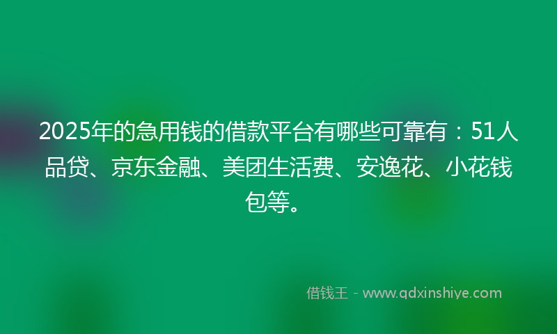 2025年的急用钱的借款平台有哪些可靠有：51人品贷、京东金融、美团生活费、安逸花、小花钱包等。