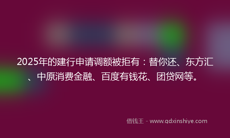 2025年的建行申请调额被拒有：替你还、东方汇、中原消费金融、百度有钱花、团贷网等。