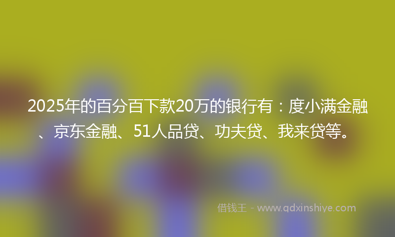 2025年的百分百下款20万的银行有：度小满金融、京东金融、51人品贷、功夫贷、我来贷等。