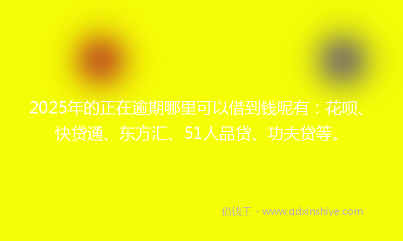 2025年的正在逾期哪里可以借到钱呢有：花呗、快贷通、东方汇、51人品贷、功夫贷等。