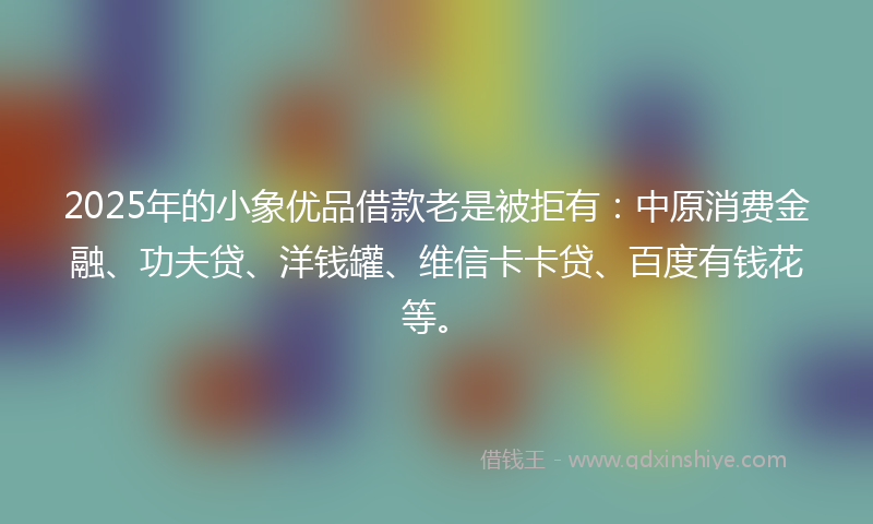 2025年的小象优品借款老是被拒有：中原消费金融、功夫贷、洋钱罐、维信卡卡贷、百度有钱花等。