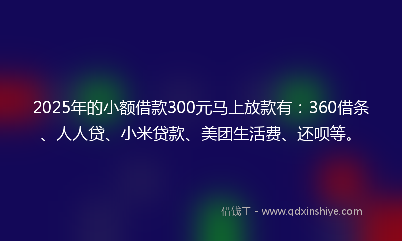 2025年的小额借款300元马上放款有：360借条、人人贷、小米贷款、美团生活费、还呗等。