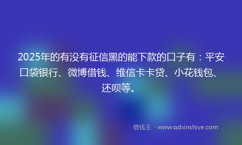 2025年的有没有征信黑的能下款的口子有：平安口袋银行、微博借钱、维信卡卡贷、小花钱包、还呗等。