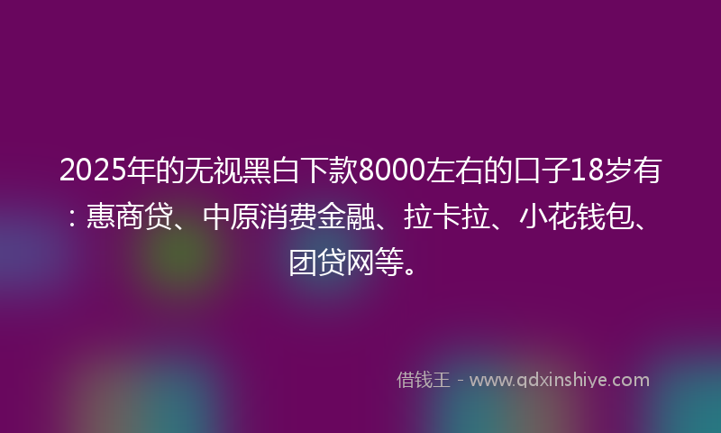 2025年的无视黑白下款8000左右的口子18岁有：惠商贷、中原消费金融、拉卡拉、小花钱包、团贷网等。