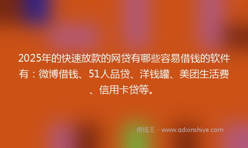 2025年的快速放款的网贷有哪些容易借钱的软件有：微博借钱、51人品贷、洋钱罐、美团生活费、信用卡贷等。