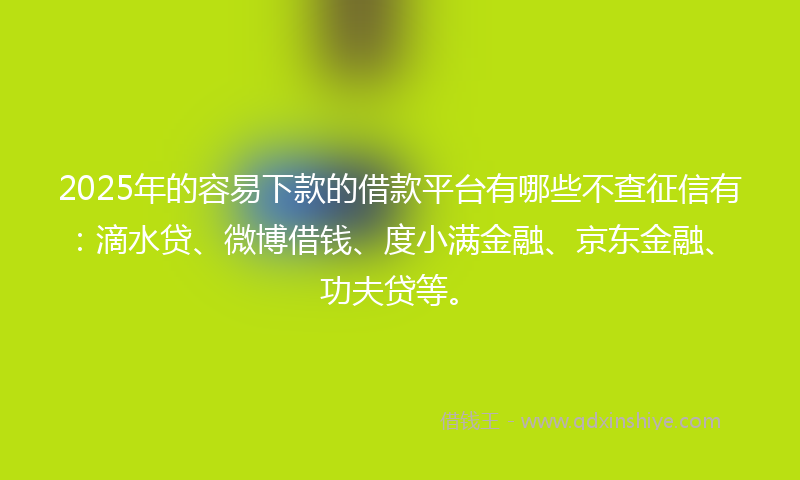 2025年的容易下款的借款平台有哪些不查征信有：滴水贷、微博借钱、度小满金融、京东金融、功夫贷等。