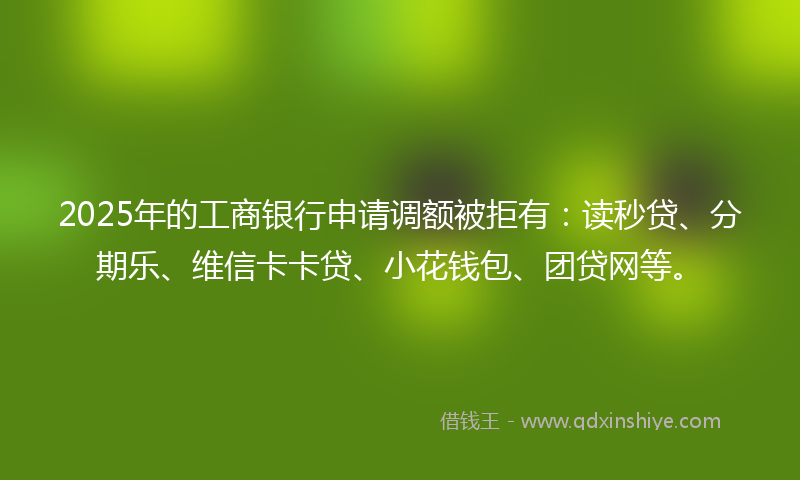 2025年的工商银行申请调额被拒有：读秒贷、分期乐、维信卡卡贷、小花钱包、团贷网等。