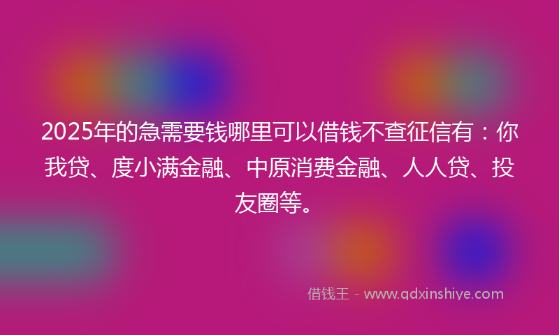 2025年的急需要钱哪里可以借钱不查征信有：你我贷、度小满金融、中原消费金融、人人贷、投友圈等。