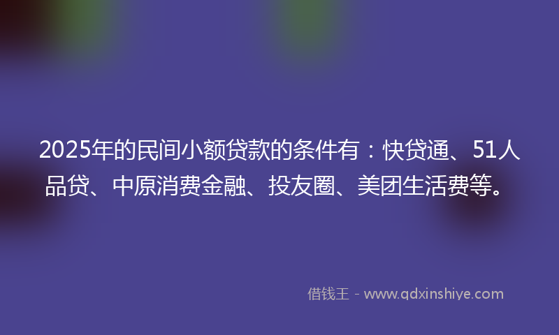 2025年的民间小额贷款的条件有：快贷通、51人品贷、中原消费金融、投友圈、美团生活费等。