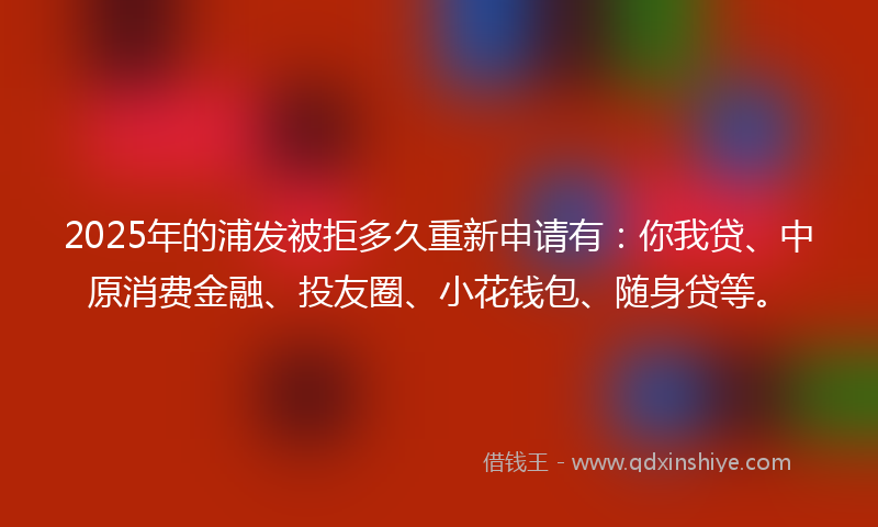 2025年的浦发被拒多久重新申请有：你我贷、中原消费金融、投友圈、小花钱包、随身贷等。