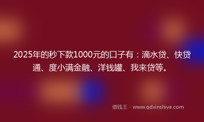2025年的秒下款1000元的口子有：滴水贷、快贷通、度小满金融、洋钱罐、我来贷等。