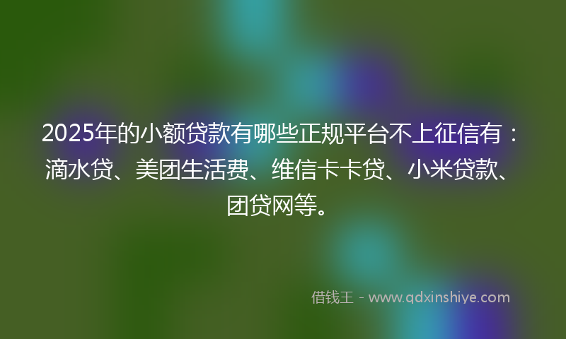 2025年的小额贷款有哪些正规平台不上征信有：滴水贷、美团生活费、维信卡卡贷、小米贷款、团贷网等。