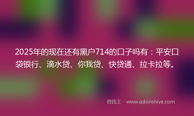 2025年的现在还有黑户714的口子吗有：平安口袋银行、滴水贷、你我贷、快贷通、拉卡拉等。