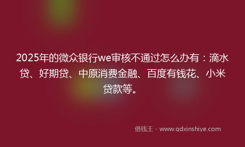 2025年的微众银行we审核不通过怎么办有：滴水贷、好期贷、中原消费金融、百度有钱花、小米贷款等。