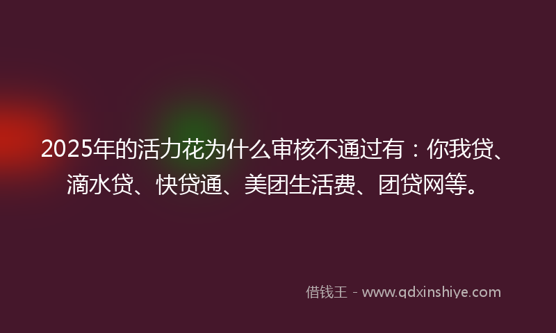 2025年的活力花为什么审核不通过有：你我贷、滴水贷、快贷通、美团生活费、团贷网等。