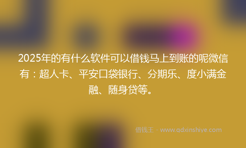 2025年的有什么软件可以借钱马上到账的呢微信有：超人卡、平安口袋银行、分期乐、度小满金融、随身贷等。