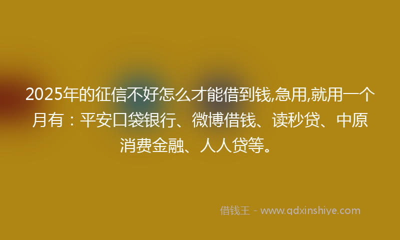 2025年的征信不好怎么才能借到钱,急用,就用一个月有：平安口袋银行、微博借钱、读秒贷、中原消费金融、人人贷等。
