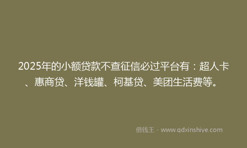 2025年的小额贷款不查征信必过平台有：超人卡、惠商贷、洋钱罐、柯基贷、美团生活费等。