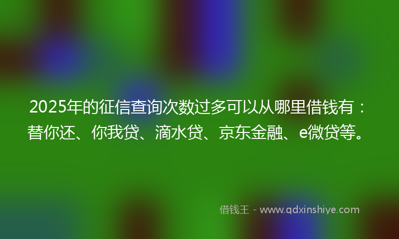2025年的征信查询次数过多可以从哪里借钱有：替你还、你我贷、滴水贷、京东金融、e微贷等。