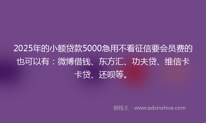 2025年的小额贷款5000急用不看征信要会员费的也可以有：微博借钱、东方汇、功夫贷、维信卡卡贷、还呗等。