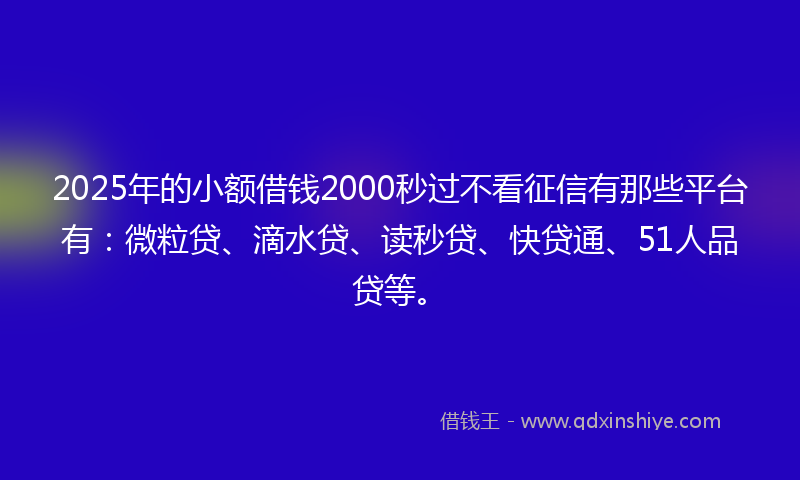 2025年的小额借钱2000秒过不看征信有那些平台有：微粒贷、滴水贷、读秒贷、快贷通、51人品贷等。