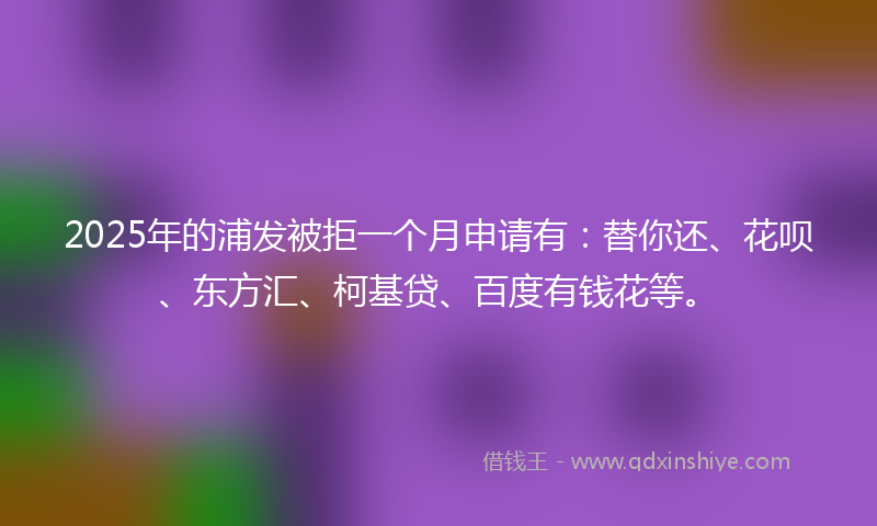 2025年的浦发被拒一个月申请有：替你还、花呗、东方汇、柯基贷、百度有钱花等。