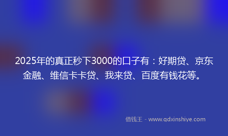2025年的真正秒下3000的口子有：好期贷、京东金融、维信卡卡贷、我来贷、百度有钱花等。