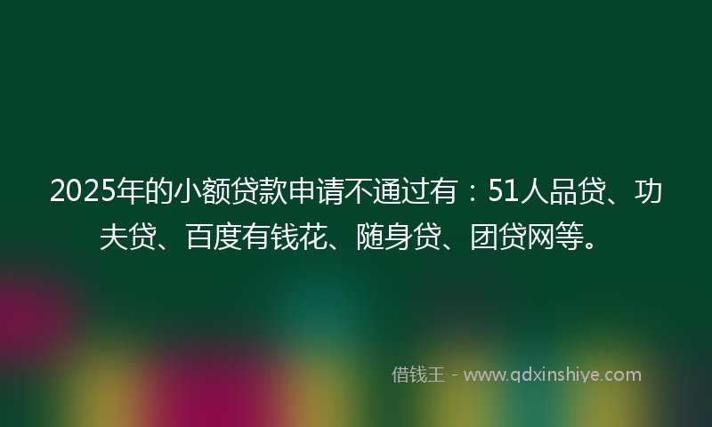 2025年的小额贷款申请不通过有：51人品贷、功夫贷、百度有钱花、随身贷、团贷网等。
