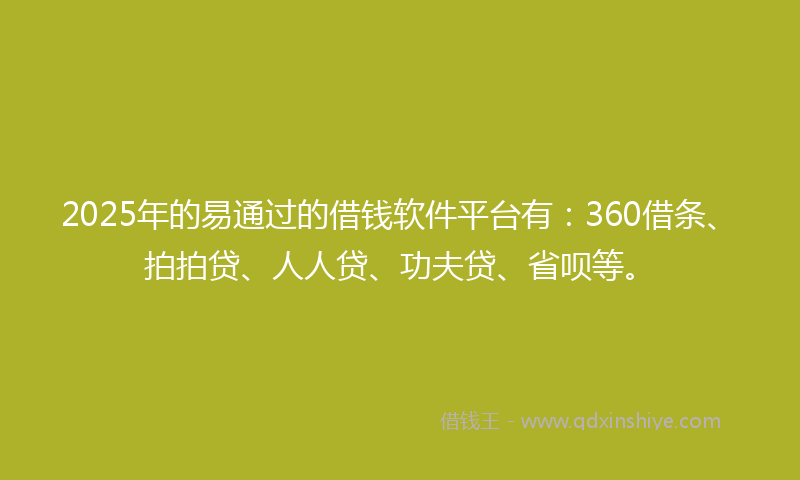 2025年的易通过的借钱软件平台有：360借条、拍拍贷、人人贷、功夫贷、省呗等。