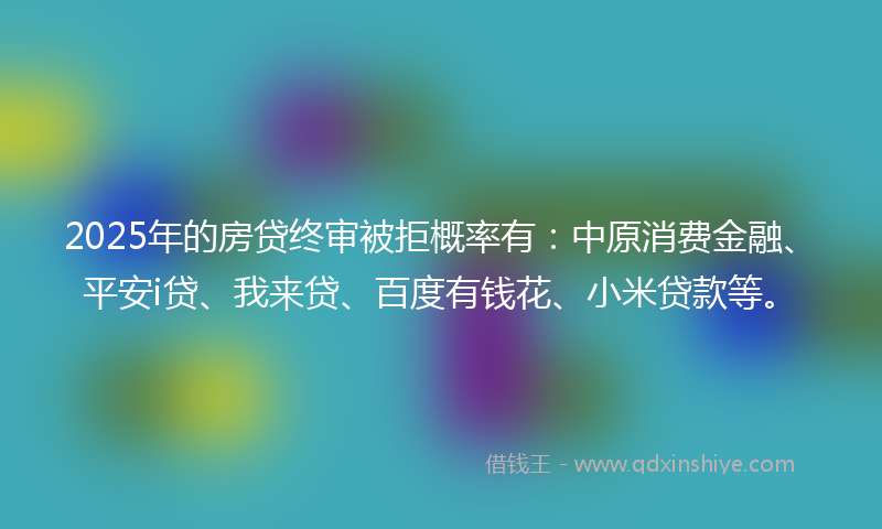 2025年的房贷终审被拒概率有：中原消费金融、平安i贷、我来贷、百度有钱花、小米贷款等。