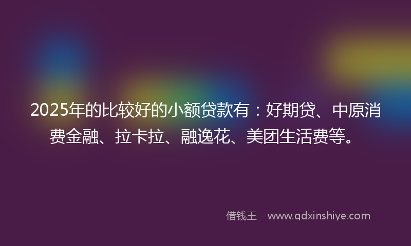 2025年的比较好的小额贷款有：好期贷、中原消费金融、拉卡拉、融逸花、美团生活费等。