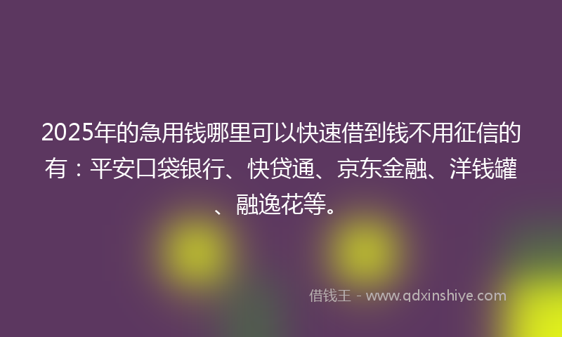 2025年的急用钱哪里可以快速借到钱不用征信的有：平安口袋银行、快贷通、京东金融、洋钱罐、融逸花等。