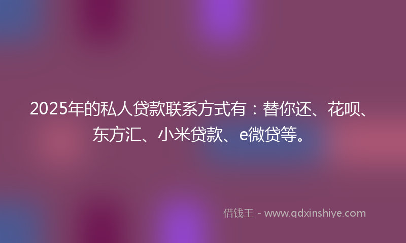 2025年的私人贷款联系方式有：替你还、花呗、东方汇、小米贷款、e微贷等。