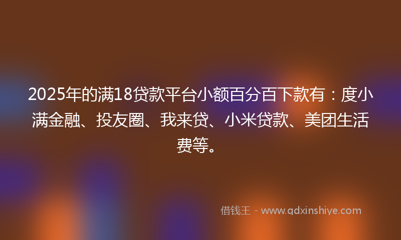2025年的满18贷款平台小额百分百下款有：度小满金融、投友圈、我来贷、小米贷款、美团生活费等。