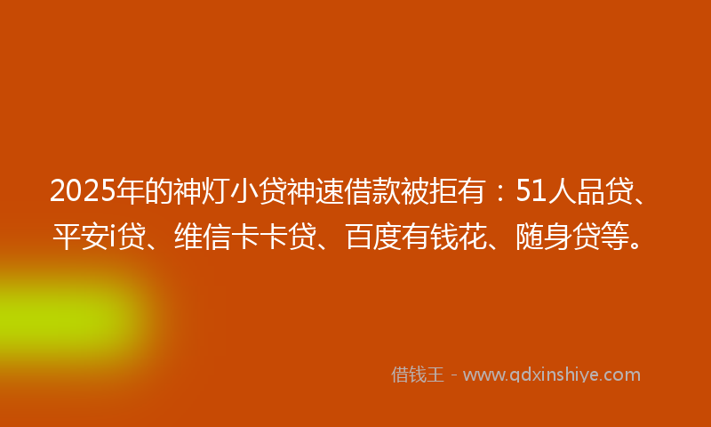 2025年的神灯小贷神速借款被拒有：51人品贷、平安i贷、维信卡卡贷、百度有钱花、随身贷等。