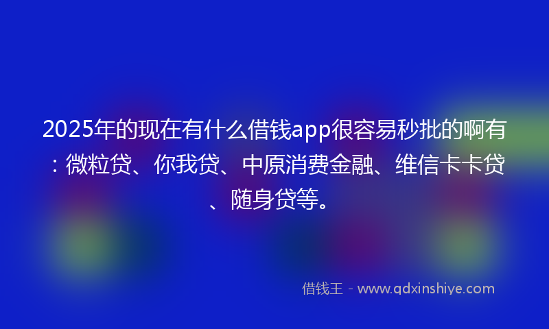 2025年的现在有什么借钱app很容易秒批的啊有：微粒贷、你我贷、中原消费金融、维信卡卡贷、随身贷等。