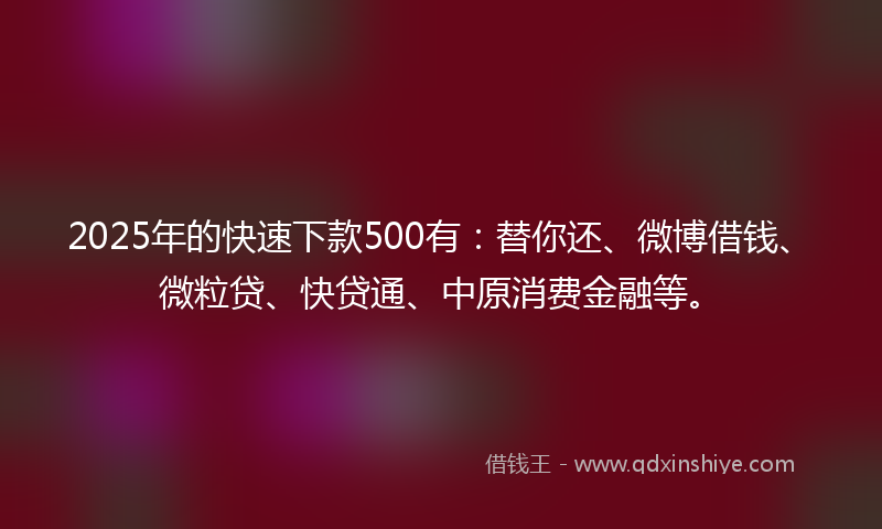 2025年的快速下款500有：替你还、微博借钱、微粒贷、快贷通、中原消费金融等。