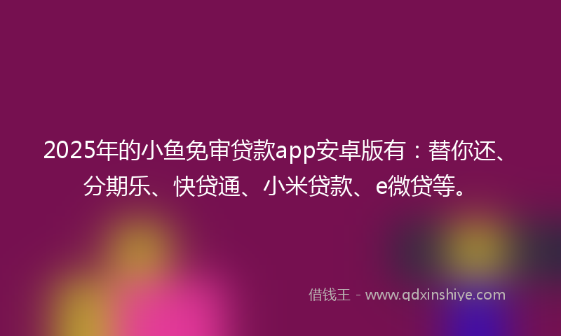 2025年的小鱼免审贷款app安卓版有：替你还、分期乐、快贷通、小米贷款、e微贷等。