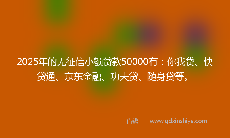 2025年的无征信小额贷款50000有：你我贷、快贷通、京东金融、功夫贷、随身贷等。