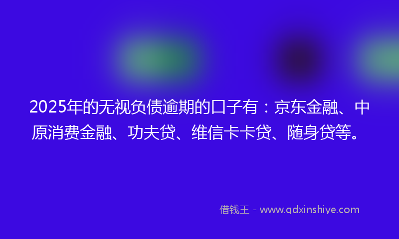 2025年的无视负债逾期的口子有：京东金融、中原消费金融、功夫贷、维信卡卡贷、随身贷等。
